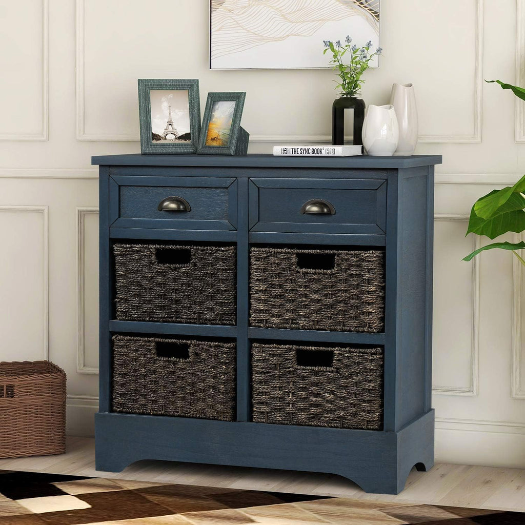 Wicker Storage Cabinet Console Table with Two Drawers and Four Wicker Baskets (Espresso) B1692