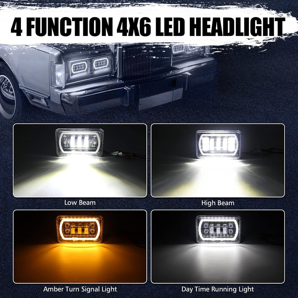 4x6 LED Headlight Halo with White DRL Amber Turn Signal Lights, Pack of 2 N25216