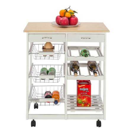 Kitchen Island Cart with 2 Drawers, 3 Metal Baskets, 3 Shelves on Wheels G50377