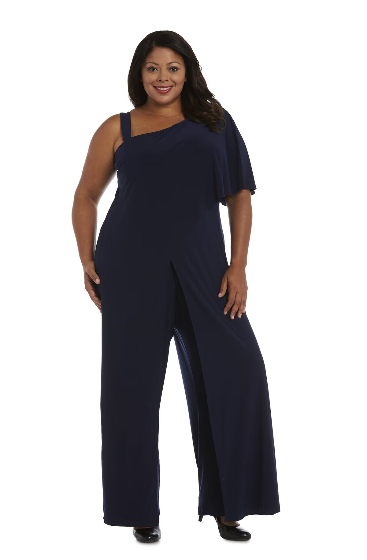 One-Shoulder Flare Jumpsuit with Overlay and Draped Sleeves W314