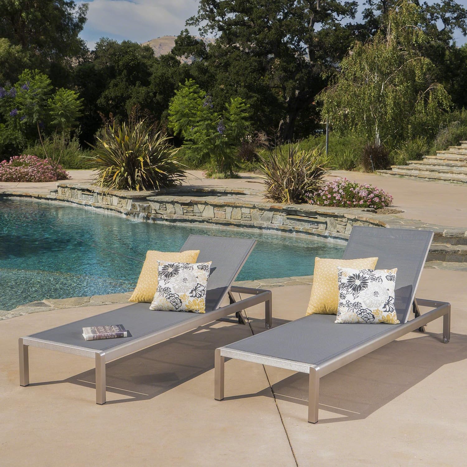 Outdoor Mesh Chaise Lounges, 2-Pcs Set, Dark Grey / Silver T8593