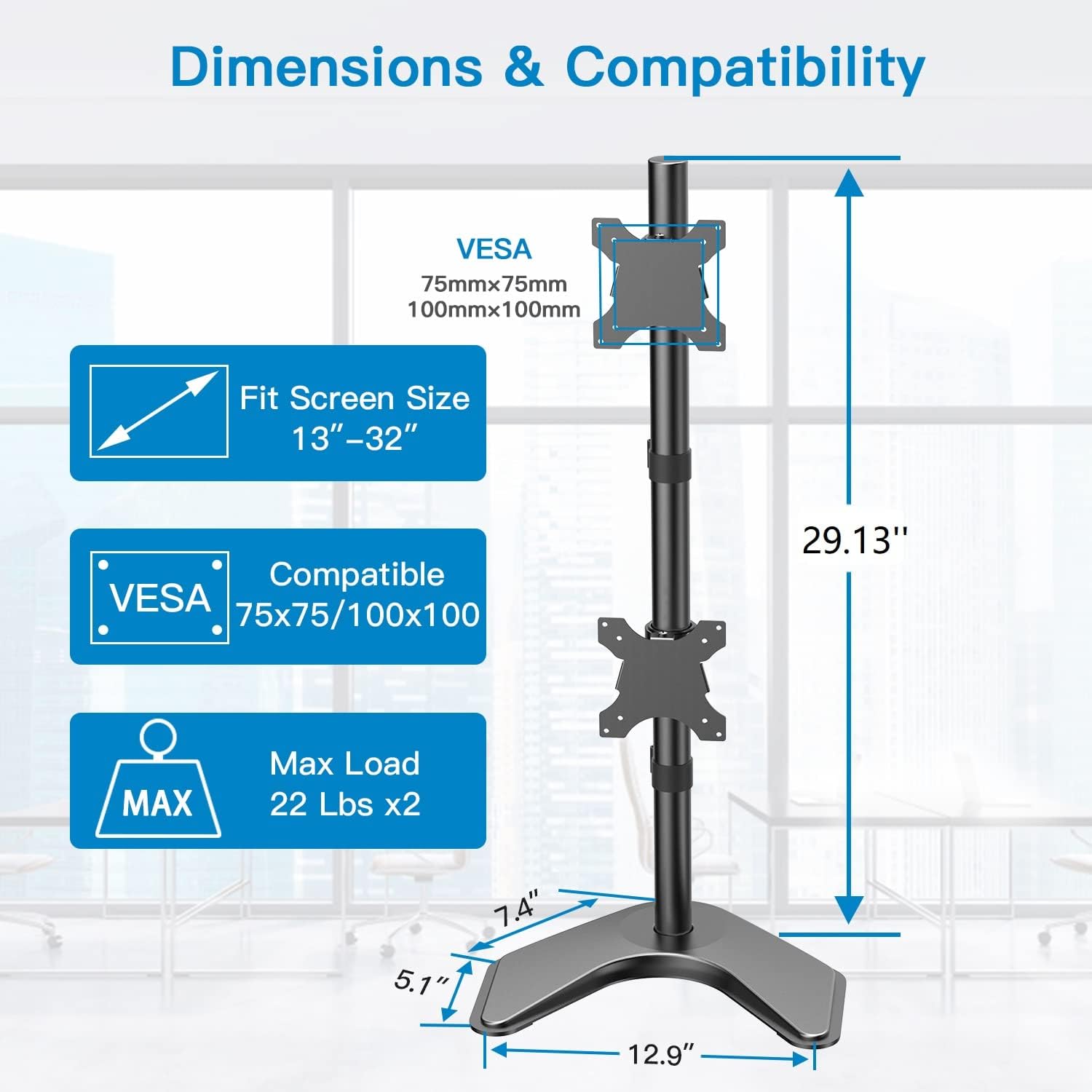 Dual Monitor Stand Vertical Stack Free-Standing Desk Mount for Two 13 to 32 Inch Computer Monitors with C Clamp Grommet Base N625099