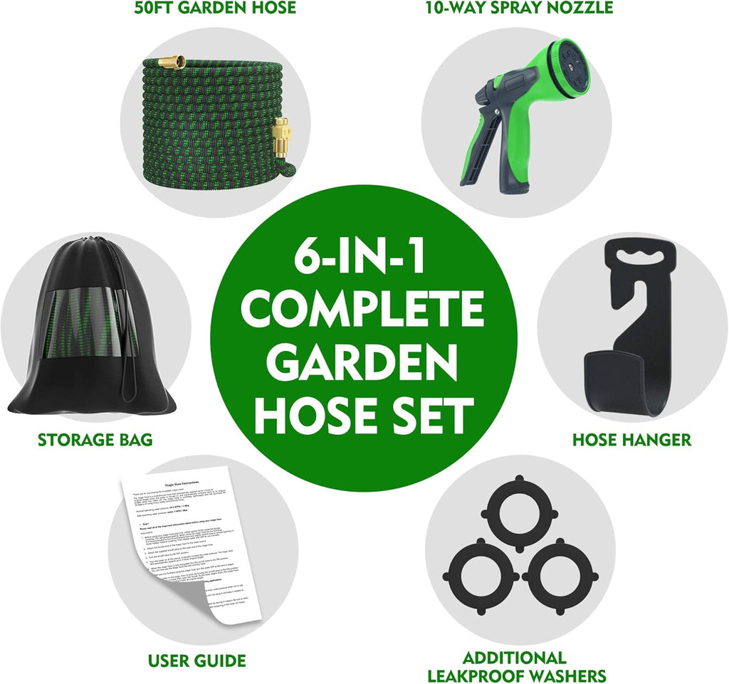 100ft Expandable Garden Hose with 10 Function Nozzle and Solid Brass Fittings B2850