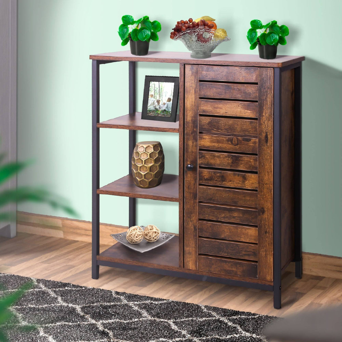 Rustic Brown Wooden Storage Cabinet with Shutter Door and 3 Compartments O1238