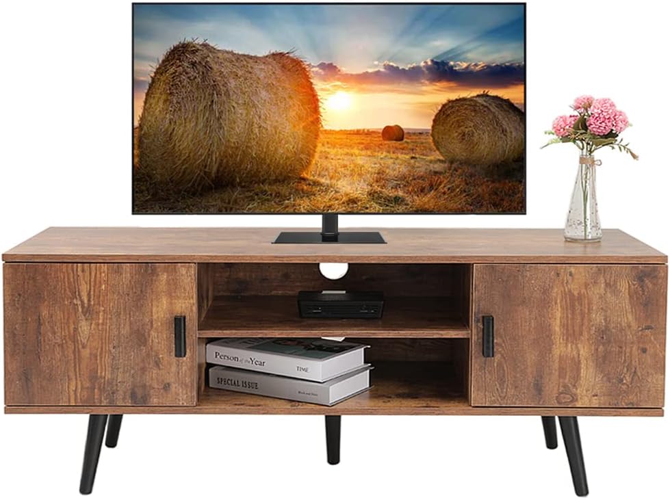 Retro TV Stand with 2 Cabinet & 2 Shelves, Dark Walnut G152405