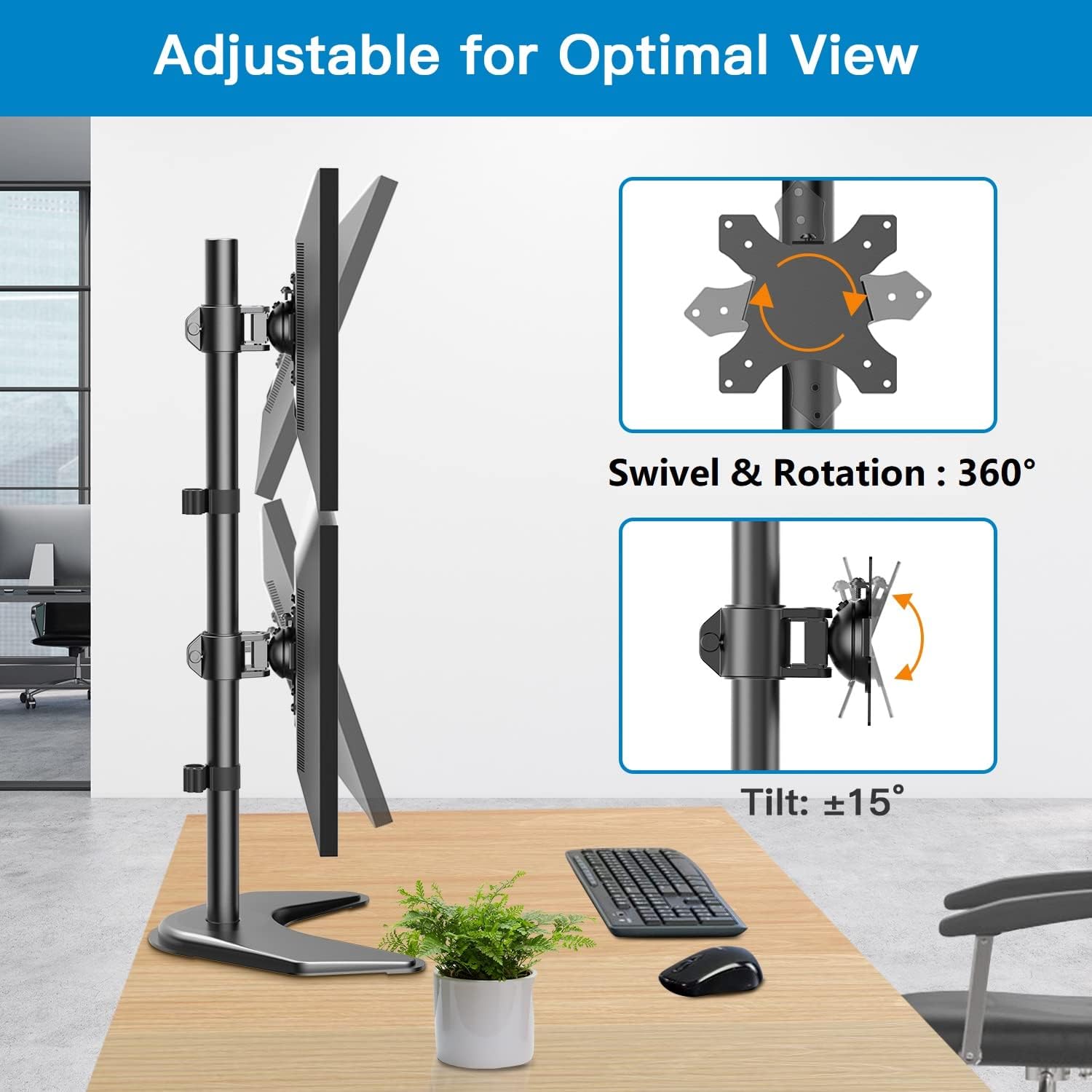 Dual Monitor Stand Vertical Stack Free-Standing Desk Mount for Two 13 to 32 Inch Computer Monitors with C Clamp Grommet Base N625099