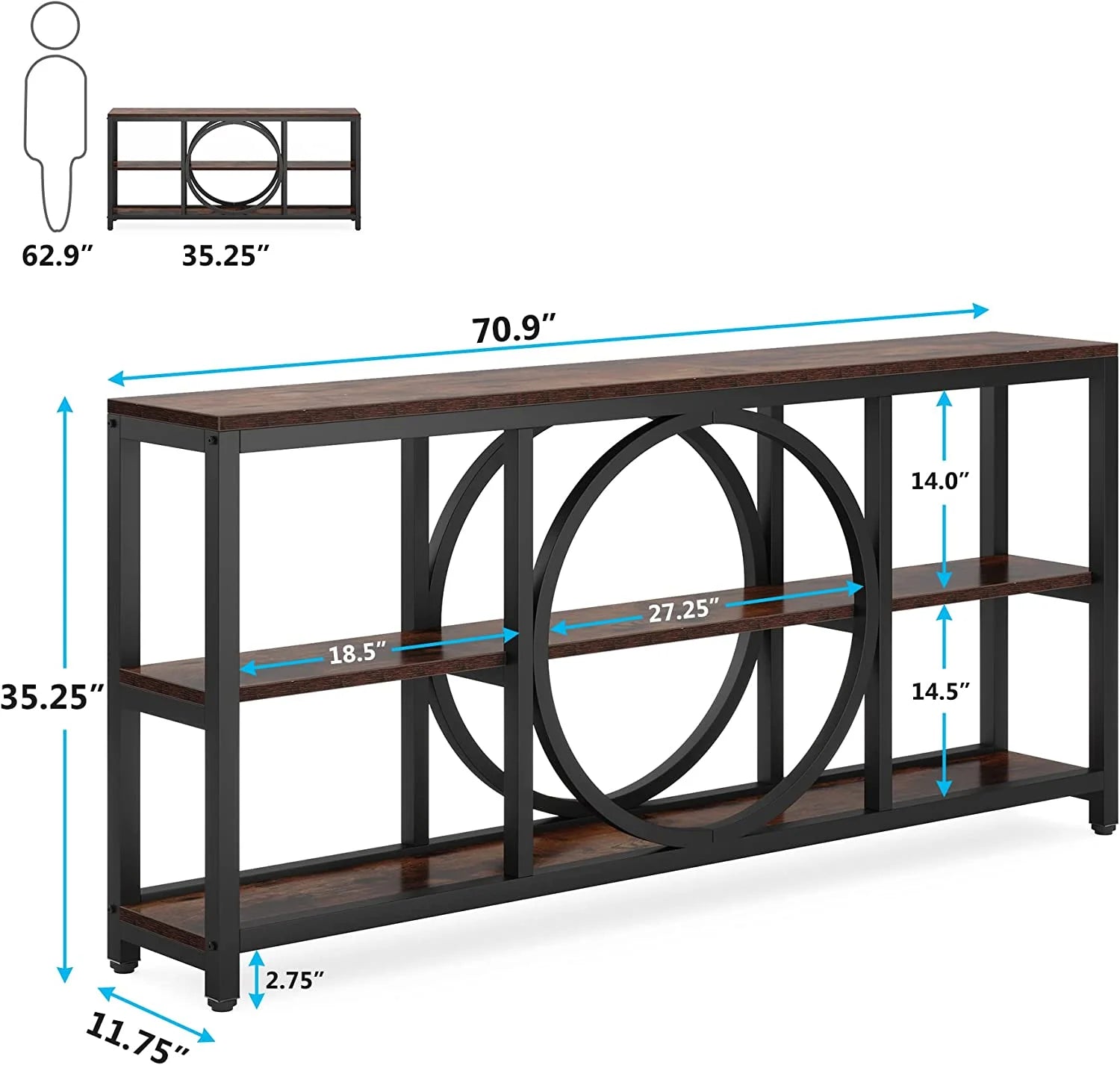 70.9 inch Narrow Console Table with 3 Tier Wood Storage Shelves Z411777
