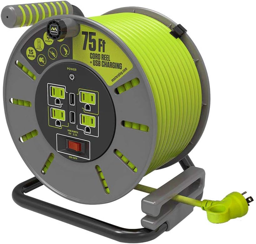 75 Feet 12AWG Power Outlet Cord Reel with USB Charging Ports Y5223
