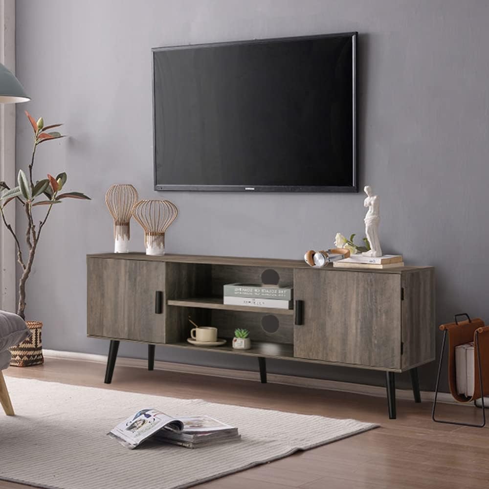 Retro TV Stand with 2 Cabinet & 2 Shelves, Dark Walnut G152405