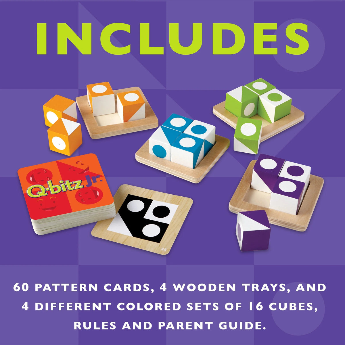 Q-bitz Jr. Game - 60 Pattern Cards, 4 Wooden Cube & Tray Sets R1946