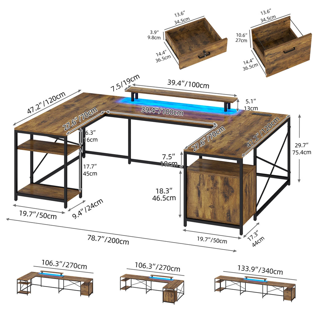 L Shaped Desk with Power Outlets and LED Lights G42064