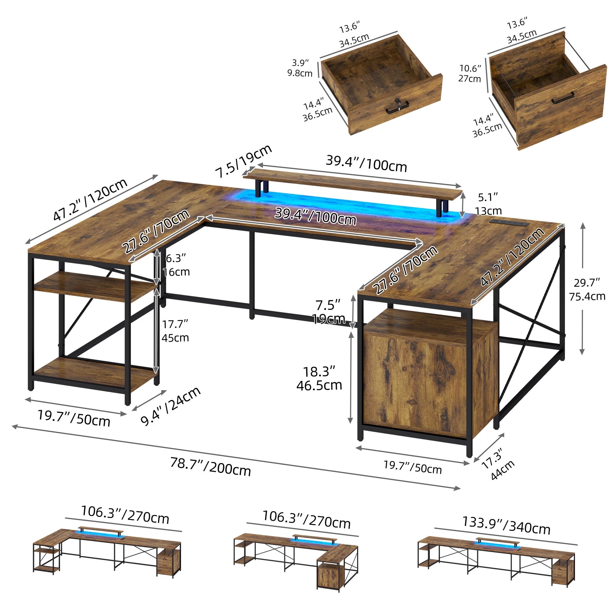 L Shaped Desk with Power Outlets and LED Lights G42064