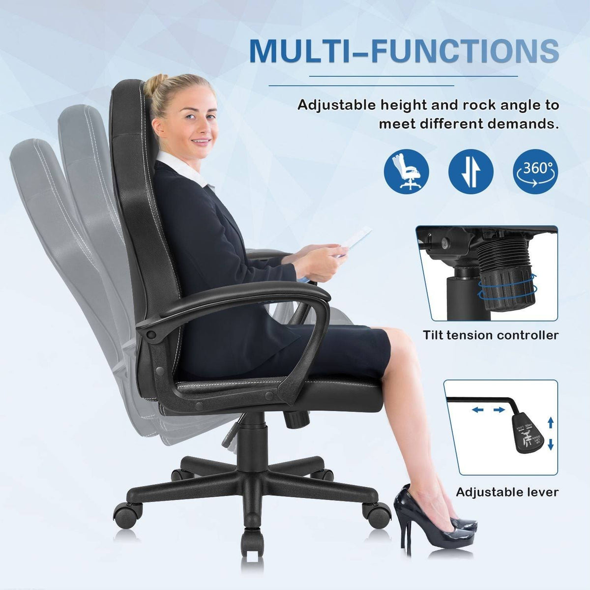 Black Leather High Back Ergonomic Swivel Gaming Chair O2876