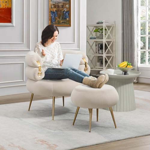 Beige Velvet Accent Chair with Ottoman M100859