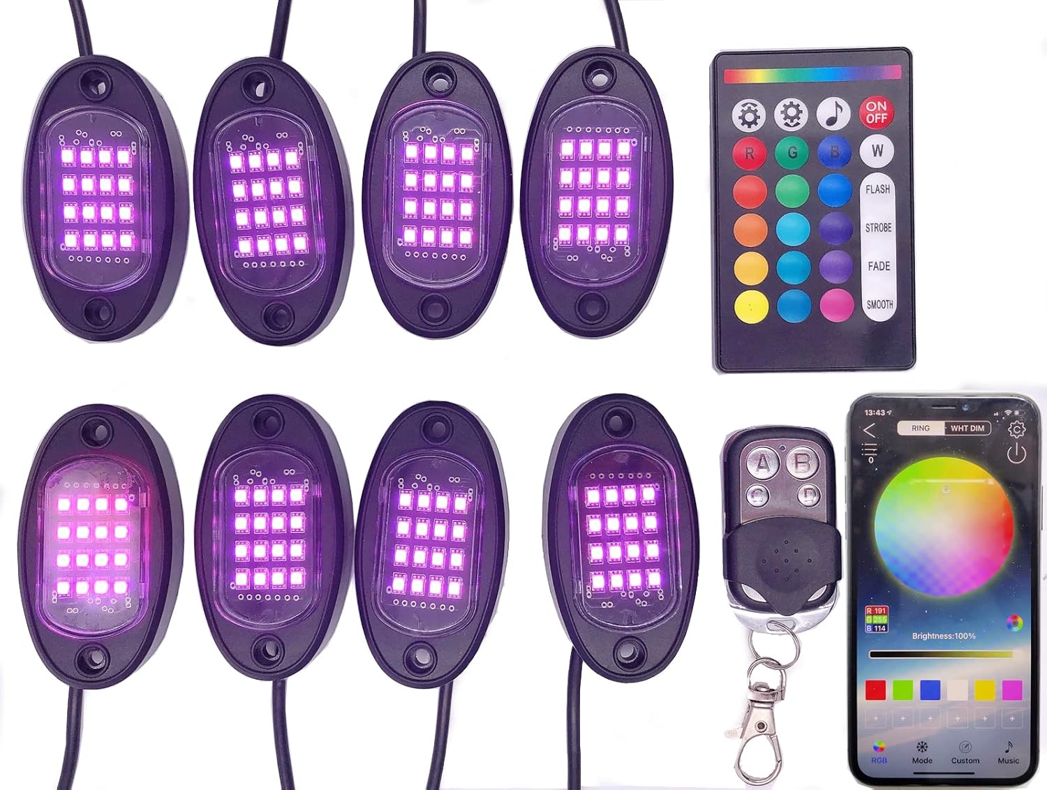 8 Pods RGB LED Rock Lights Multicolor Underglow Lighting Kit Waterproof Pack of 2 N2640